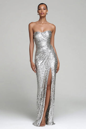 Glittrande Silver Axelbandslös Fodral Holiday Party Klänning Med Slits